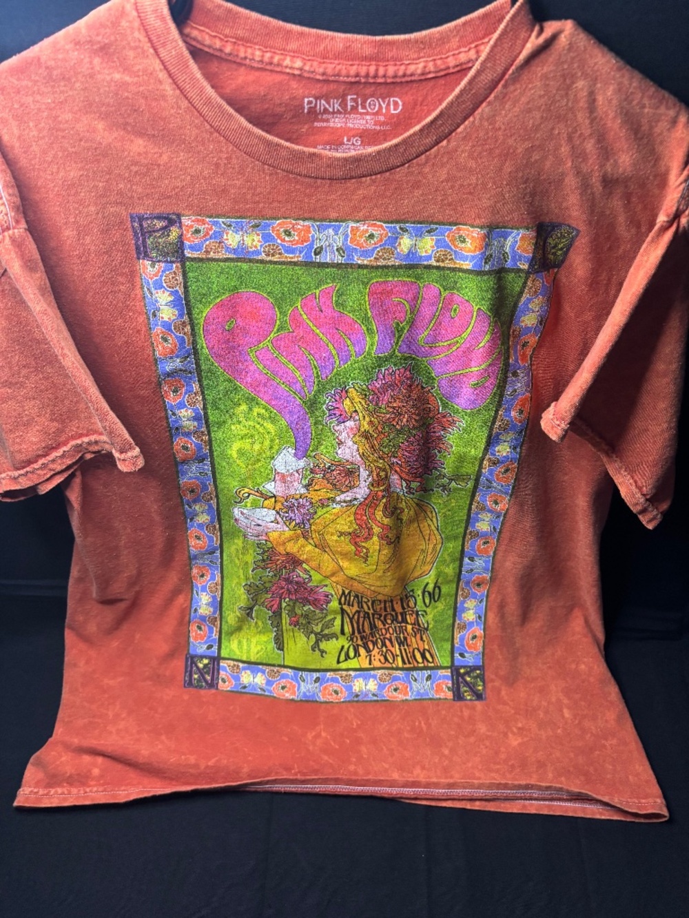 Pink Floyd Marquee 1966 Psychedelic Graphic Orange Mineral Wash Men’s LG Band T-